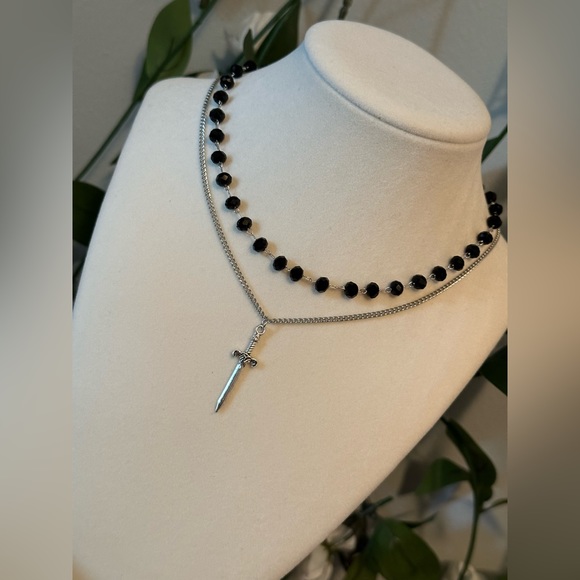 Sword Pendant Silver Tone Necklace Black Beaded Choker Double layered. - Picture 4 of 6